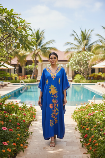 Women’s Dark Blue Cotton Boho Kaftan – Hand-Embroidered Maxi Dress, Ethnic Wear